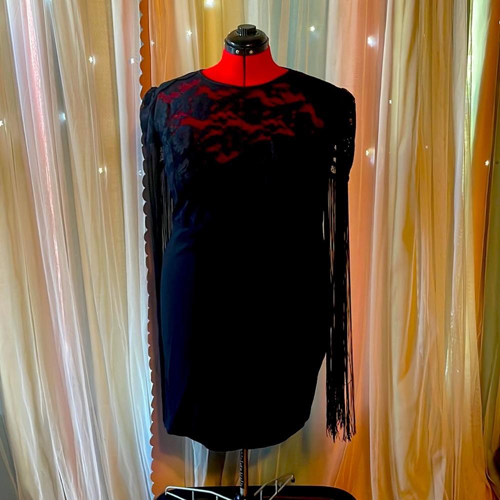 Venus womens black formal lace and fringe dress